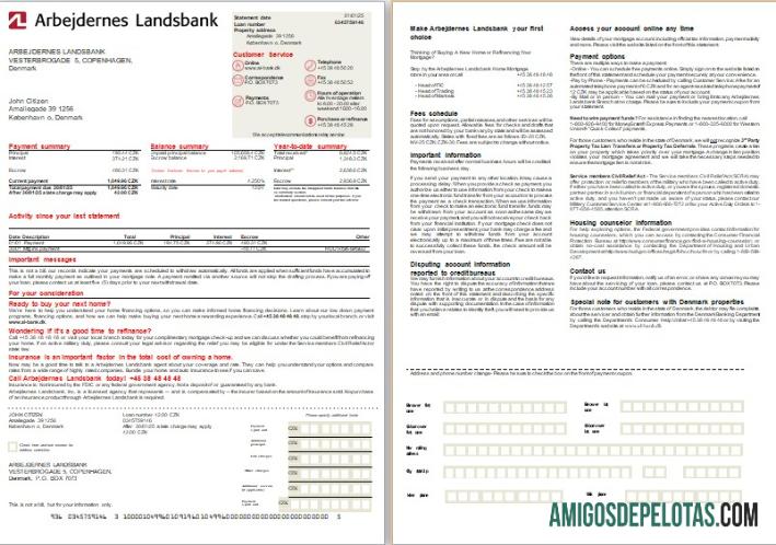 Declaração de hipoteca do banco Arbejdernes Landsbank da Dinamarca, 2 páginas, 1 2 Scr exemplo real